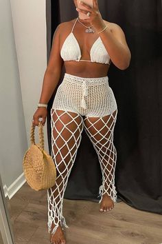 Mode Crochet, Crochet Swimwear, Two Piece Pants Set, Jumpsuit Outfit, Outfit Trends, Elastic Waist Shorts, Patchwork Designs, Two Piece Dress, Beach Dresses