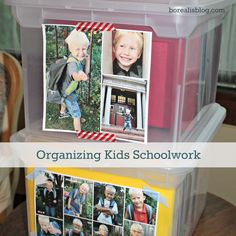 an organized kids'schoolwork box with pictures on it and the words organizing kids's schoolwork