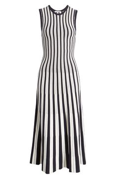 Vertically oriented stripes shape the contours of a fitted sweater-dress that stretches the season with a sleeveless silhouette. 44" length (size Medium) Slips on over head Crewneck Sleeveless Unlined 52% viscose, 29% polyester, 19% nylon Hand wash, line dry Imported Fitted Sleeveless Midi Dress With Vertical Stripes, Chic Striped Fitted Midi Dress, Fitted Midi Dresses With Vertical Stripes, Elegant Striped Bodycon Midi Dress, Striped Ribbed Fitted Dress, Ribbed Striped Fitted Dress, Fitted Knee-length Dress With Vertical Stripes, Elegant Fitted Midi Dress With Vertical Stripes, Striped Fitted Knee-length Midi Dress