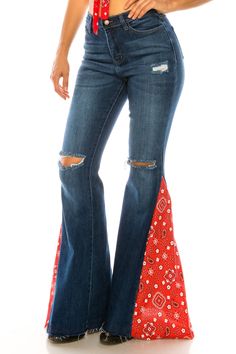 BANDANA PRINT FLARE BELL BOTTOM JEANS – Trailsclothing.com Bandana Pants Jeans, Diy Bell Bottom Jeans, Bandana Pants, Striped Flare Pants, Super Flare Jeans, Cute Country, Western Wear Outfits, Bottom Jeans, Western Chic