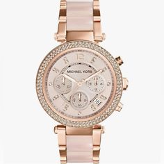 $295 Michael Kors Mk5896 Parker Rose Gold Wrist Watch Resin Band Paved Diamonds Nib Elevate Your Style With This Stunning Michael Kors Parker Wristwatch. The Rose Gold Tone Bezel Adds A Touch Of Sophistication To The Pink Dial, While The Paved Diamonds And Chronograph Feature Provide Functionality And Elegance. The Stainless Steel And Resin Bracelet Complete The Look Of This Water-Resistant Watch, Which Can Be Worn Up To 100 Meters (10 Atm). This Wristwatch Comes With Its Original Box And Papers Outlet Michael Kors, Gold Michael Kors Watch, Rose Gold Watches Women, Bracelet Rose Gold, Crystal Watches, Rose Gold Watches, Watch Bracelet, Michael Kors Accessories, Two Tone Watch