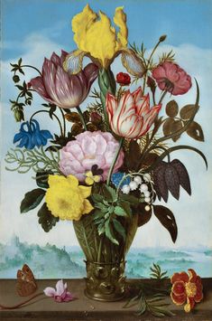 a painting of flowers in a vase on a table with butterflies and other things around it