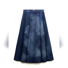 Zara Denim Laser Print Pleated Midi Skirt...Size Medium...Bloggers Favorite Blue Denim Relaxed Fit Skirt, Chic Washed Denim Skirt, Chic Blue Relaxed Fit Denim Skirt, Chic Blue Denim Skirt With Relaxed Fit, Spring Blue Washed Skirt, Chic Blue Cotton Denim Skirt, High Rise Washed Blue Skirt, Casual Indigo Denim Skirt For Spring, Spring Indigo Denim Skirt