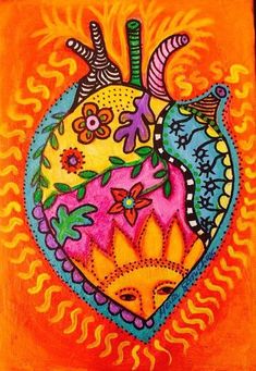 a drawing of a heart with flowers and birds on it, against an orange background