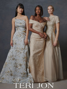 three women standing next to each other in formal dresses with the words teri jon on it