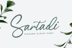 some type of script that says santadi modern script font with green leaves on it