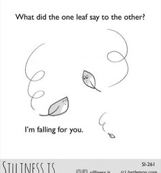 a cartoon with the words, what did the one leaf say to the other? i'm falling for you