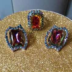 Absolutely Stunning Vintage Earrings And Ring From 1950's In Excellent Condition. My Grandmother Own These Pieces. The Ring Is Size 7 And The Earrings Are Clipped On. Huge Square Aurora Borealis Stones About 1 Inch Wide Sparkling Like Fire. Hardware Is Silver Still Shiny. Gorgeous Pair For Wedding Or Other Glamorous Parties. Will Provide Jewelry Box. Ready To Wear. Thanks. Unique Multicolor Evening Jewelry, Vintage Multicolor Earrings For Wedding, Retro Multicolor Jewelry For Wedding, Multicolor Vintage Earrings For Evening, Multicolor Retro Jewelry For Wedding, Vintage Multicolor Earrings For Evening, Retro Multicolor Wedding Jewelry, Multicolor Clip-on Wedding Jewelry, Multicolor Clip-on Jewelry For Wedding