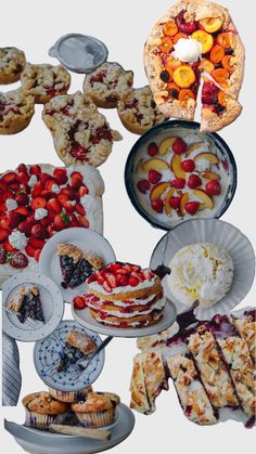 a collage of different desserts and pastries on paper plates, including strawberries