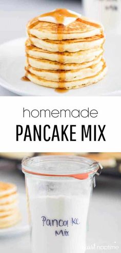 homemade pancake mix in a glass container and on a white plate with the words, homemade pancake mix