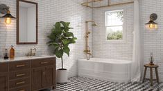 a white bathroom with black and white checkered flooring, gold fixtures and a potted plant in the corner