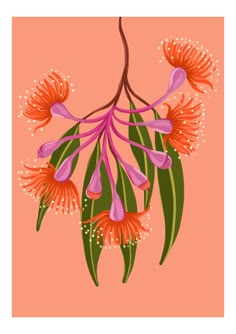 an orange and pink flower with green leaves on a peach background by corbi