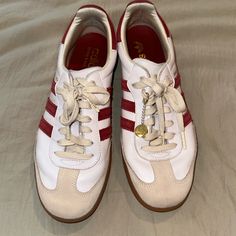 Amazing Condition!! Worn Once Just Too Big Red Leather Adidas Custom Sneakers, Sporty Low-top Sneakers With Red Accents, Adidas Custom Sneakers With Red Sole, Adidas Red Casual Custom Sneakers, Red Adidas Casual Custom Sneakers, Red Low-top Sneakers With White Laces, Sporty Red Sneakers With White Laces, Adidas Sporty And Rich, Adidas White