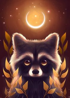 a painting of a raccoon in front of a full moon and stars background