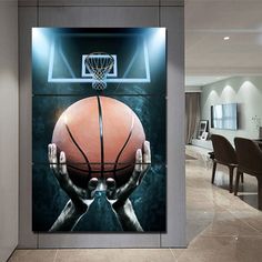 an image of a basketball going through the net on a wall in a living room