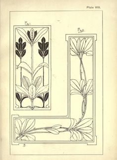 an old book with drawings of flowers and leaves on the pages, in black and white