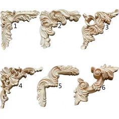 four different styles of carved wood carvings with numbers on each side and the letter f