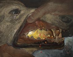 a painting of a bear with its mouth open and teeth exposed to it's side