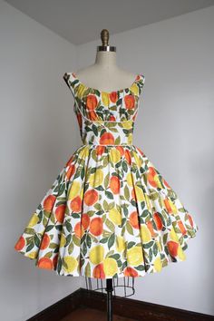 Retro Fruit Print Dresses For Spring, Orange Retro Dress For Garden Party, Retro Orange Dress For Garden Party, Vintage Orange Dress For Garden Party, Shelf Detail, Fruit Dress, 1950s Prom Dress, 1950’s Style, 1950 Fashion