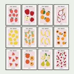 six different fruits and vegetables are shown on pink paper with white border around the edges