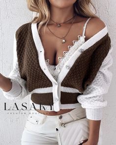 Lasaky - Chic and Stylish Colorblock Heart Button Long Sleeve Cardigan Drop Shoulder Cardigan, Yarn Sweater, Cardigan Casual, Chic Type, Colour Blocking, Button Front Cardigan, Cable Knit Cardigan, Cardigan Fashion, Knit Set