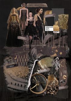 a collage of fashion images with gold and black accents, including an image of women in evening gowns