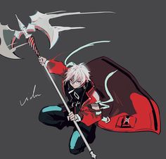 an anime character with white hair holding a red flag