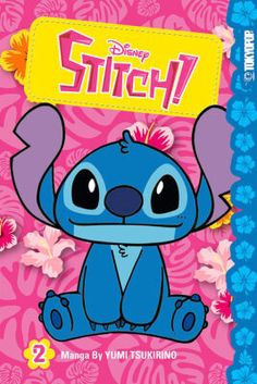 the book cover for stitch with an image of a cartoon character sitting in front of flowers