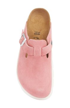 This fan-favorite clog made of soft suede gets updated with a chunky platform but still offers the brand's famous contoured footbed for exceptional support. Support: enhances the fit with targeted contouring and cushioning in the footbed 1" platform Adjustable strap with buckle closure Cushioned footbed with arch support Leather upper and lining/synthetic sole Made in Portugal Pink Birkenstock Clogs, Birkenstock Clog, Pink Platforms, Platform Clogs, Birkenstock Boston, Candy Pink, Chunky Platform, Womens Clogs, Pink Candy