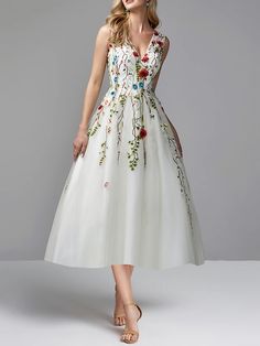 A-Line Prom Dresses White Dress Party Wear Tea Length Sleeveless V Neck Lace with Embroidery Appliques 2023 2023 - US $80.99 White Sleeveless Floral Applique Dress For Spring, White Sleeveless Dress With Floral Applique For Spring, Sleeveless Wedding Dress With Floral Embroidery, Spring Wedding Sleeveless Dress With Floral Applique, Sleeveless Floral Applique Wedding Dress, Sleeveless Floral Applique Dress For Spring Wedding, Sleeveless Floral Embroidery Wedding Dress, Sleeveless Embroidered Wedding Dress, Sleeveless Floral Embroidered Prom Dress