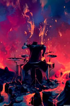 a painting of a man sitting in front of a drum set on top of a rock