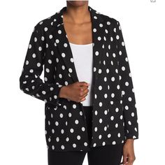 A Stylish Polka Dot Print Completes This Cozy Knit Blazer.- Notch Lapel- Long Sleeves- Open Front- Front Patch Pockets- Polka Dot Print- Knit Construction- Approx. 28” Length Imported Fiber Content 71% Polyester, 14% Rayon, 12% Cotton, 3% Spandex Care Machine Wash Spring Polka Dot Outerwear For Work, Polka Dot Outerwear For Spring Workwear, Casual Polka Dot Outerwear For Spring, Coral Blazer, Olive Shorts, Leopard Print Blazer, Polka Dot Blazer, Sleeveless Blazer, Drape Jacket