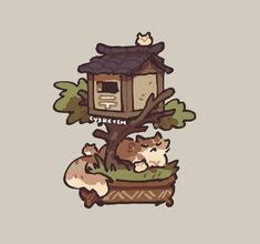 an image of a tree house with two animals in it and one cat sleeping on the ground