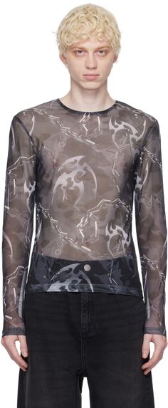 Semi-sheer stretch nylon mesh T-shirt. · Camouflage pattern printed throughout · Crewneck Supplier color: Camo Han Kjobenhavn, Mesh T Shirt, Gray Camo, Mesh Shirt, Fashion Inspiration Design, Grey Prints, Camo Print, Apparel Accessories, Long Sleeve T Shirt