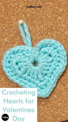 crochet heart ornament on cork board with text that reads, cute and quick crochet hearts