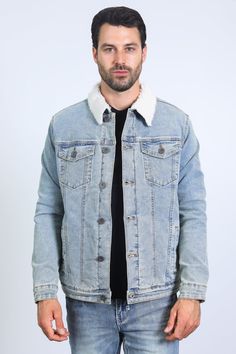 SIZE CHART Measurements: Model is wearing size Medium. A stylish and versatile denim jacket that is perfect for the colder months. The faux shearling lining keeps you warm and cozy, while the denim exterior is durable and stylish. This jacket features a long-sleeve design with a button placket and two buttoned pockets on the chest. It also has two hand pockets and cuffs with buttons. The jacket is made of denim and has a shearling-lined collar. The jacket is perfect for everyday wear and can be Sherpa Lined Denim Jacket, Mens Sherpa, Kids Outerwear, Sherpa Lined, Blazers For Men, Mens Outerwear, T-shirt Polos, Jean Shirts, Blazers For Women