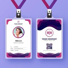 two id cards with lanyards attached to them on purple and pink paper background