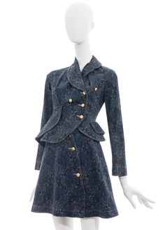 For Sale on 1stDibs - ▪ Vivienne Westwood blue denim jacquard skirt suit ▪ 100% Cotton ▪ Asymmetric peplum jacket with accentuated waist ▪ Gold Orb etched buttons ▪ Matching Vivienne Westwood Coat, Vivienne Westwood Outfit, Vivienne Westwood Denim, Vivienne Westwood Jacket, Vivienne Westwood Skirt, Vivienne Westwood Suit, Mini Skirt Aesthetic, Vivienne Westwood Jeans, Preppy Core