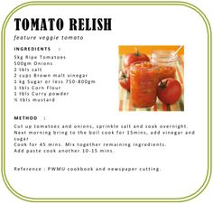 the recipe for tomato relish is shown