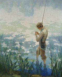 a painting of a man standing in the water holding a fishing pole and looking at something