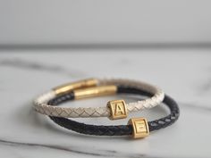 Couples Bracelets, Anniversary bracelet, Wedding Anniversary husband gift , set of 2 , Valentine's Gift ,Gold Initial Bracelet,Gold Friends Bracelets ★ Features: ★ This listing is for 2 Bracelets ;)) Initial charm : 925 Sterling Silver Gold Vermeil (Charms available- A-Z Initials ) High quality European genuine leather (5mm )with a strong hypoallergenic magnetic clasp. ★ How to Order ★ Choose your Wrist Size from those shown in the picture & at checkout add a message stating which letter bea Personalized Elegant Leather Bracelet As Gift, Elegant Personalized Leather Bracelet Gift, Elegant Personalized Leather Bracelet For Gift, Personalized Elegant Leather Bracelet Gift, Elegant Rectangular Leather Bracelet For Everyday, Elegant Adjustable Leather Bracelet For Anniversary, Luxury Adjustable Name Bracelet For Everyday, Luxury Leather Bangle Bracelet Gift, Luxury Leather Braided Bracelets For Gift