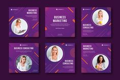 the business marketing postcard templates are designed with purple and orange geometric shapes, as well as an image of a woman on her phone