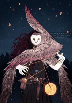 an owl with long hair holding a pendulum wheel