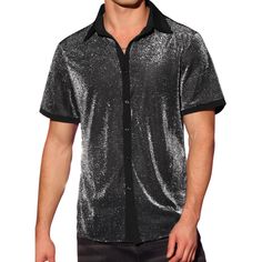 This stylish short-sleeved button-down shirt features a sheer mesh design with a shiny pattern that exudes charm and fashion. The see-through quality adds a touch of charm, making it a perfect choice for various occasions such as weddings, clubbing, or late-night outings. Pair this unique shirt with sleek leather pants to elevate your look. Unlike ordinary shirts, the contrasting color design of this shiny shirt adds a fashionable twist to your ensemble. Get this trend of metallic shirts as they Short Sleeve Shimmer Tops For Summer, Fitted Short Sleeve Shirt For Party Season, Short Sleeve Tops For Club And Party Season, Fitted Short Sleeve Shimmer Tops, Short Sleeve Tops For Club Party Season, Fitted Shimmer Short Sleeve Tops, Glitter Tops For Party Season With Short Sleeves, Disco Style Short Sleeve Summer Shirt, Summer Disco Style Short Sleeve Shirt