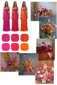 a collage of different color combinations with flowers in vases and on the table