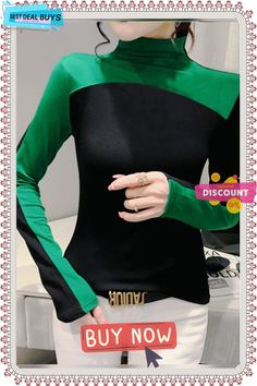 High Elasticity Tight Color Block Long Sleeve Urban Tight T-shirt Green Fitted Long Sleeve T-shirt, Green Stretch T-shirt For Fall, Fitted Green Trendy T-shirt, Trendy High Stretch Long Sleeve T-shirt, Fitted Green Long Sleeve T-shirt, Fitted Cotton Turtleneck T-shirt, Trendy Green Turtleneck Top, Tight T Shirt, Stand Collar