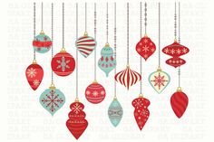 christmas ornaments hanging from chains with snowflakes and baubles in red, white and blue