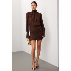 Brown satin (100% Polyester).Blouson. Long sleeves. Mock neck. Back zipper closure. 32" from shoulder to hemline. Imported. Ronny Kobo, Brown Satin, Ruched Skirt, Rent The Runway, Closet Designs, Mock Neck, Bodice, Long Sleeves, Satin