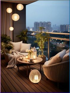 a living room filled with lots of furniture next to a large window covered in lights