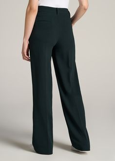 About Our Extra-Long Women’s Dress Pants Make a statement in these stylish pleated women’s tall dress pants. Pleated trousers are a timeless trend you’ll love and now, there’s finally a pair that will accentuate your long legs. These pants for tall women have been designed specifically for ladies between 5’9” and 6’6”, with a full length offering extra-long inseam options. They have a high-rise silhouette that gives the appearance of a cinched waist, complete with a fly zipper and hook and bar c Pants For Tall Women, Long Knife, Pleated Dress Pants, Tall Dress, Midnight Green, Knife Pleats, Tall Dresses, Wide Leg Dress Pants, Pleated Trousers